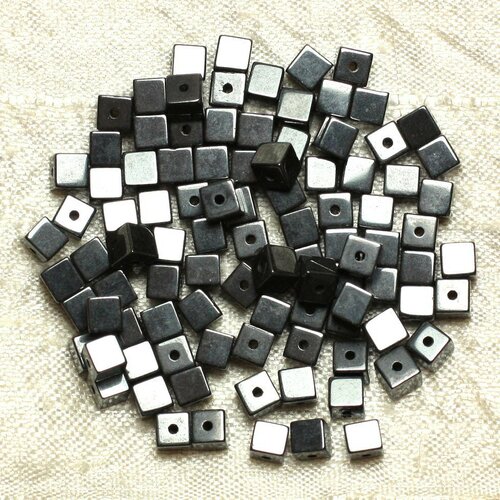 30pc - perles pierre - hematite cubes 4mm metal gris noir argent