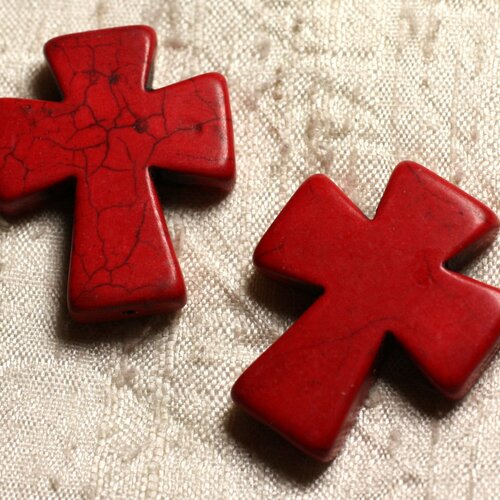1pc - perle pierre turquoise synthese croix 35x30mm rouge
