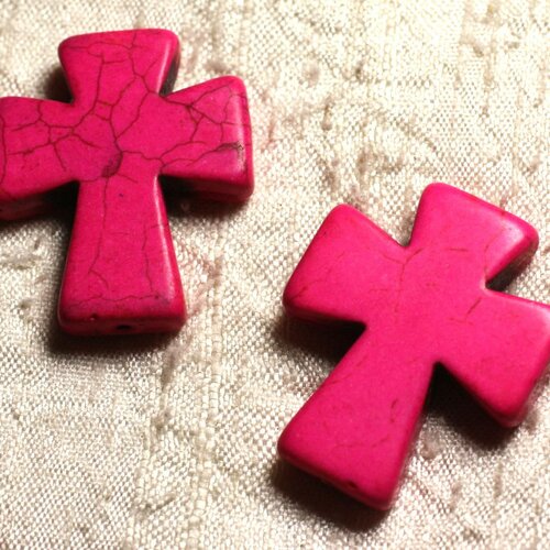 1pc - perle pierre turquoise synthese croix 35x30mm rose fluo