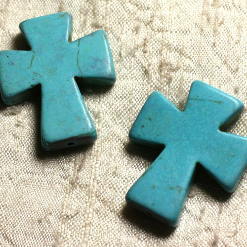 1pc - perle pierre turquoise synthese croix 35x30mm bleu turquoise