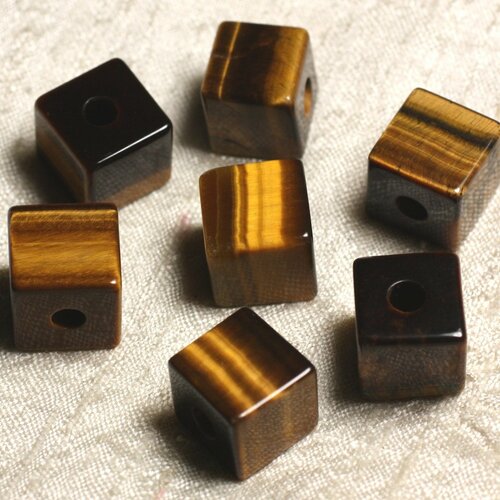 1pc - perle pendentif pierre oeil de tigre cube 15mm trou 5mm marron bronze doré noir