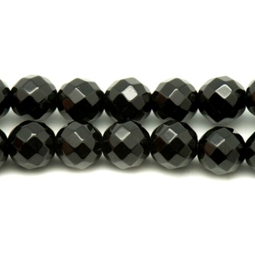 Fil 39cm 48pc environ- perles pierre onyx noir boules facettées 8mm