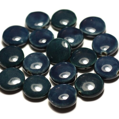 4pc - perles céramique porcelaine palets 16mm bleu vert paon canard marine