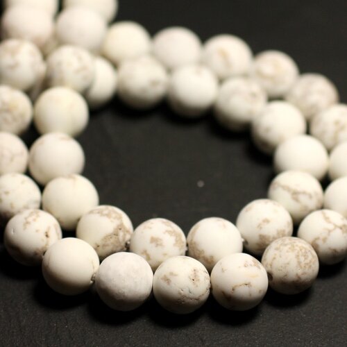Fil 39cm 38pc environ - perles pierre magnésite boules 10mm blanc crème ivoire beige mat sablé givré