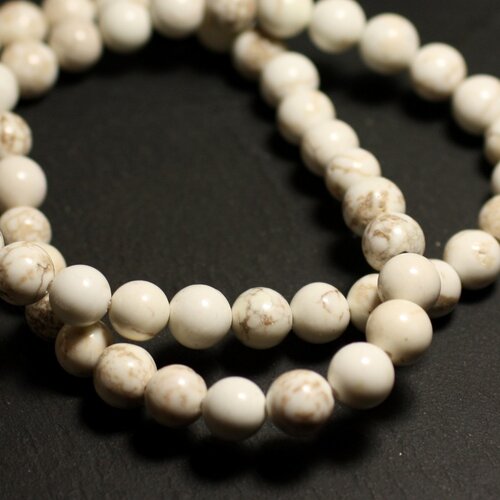 Fil 39cm 26pc environ - perles pierre magnésite boules 14mm blanc crème ivoire beige