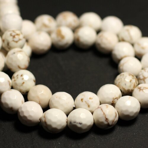 Fil 39cm 46pc environ - perles pierre magnésite boules facettées 8mm blanc crème ivoire beige
