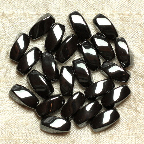 Fil 39cm 31pc envirron - perles pierre hématite olives ovales rectangles torsadé 12x6mm métal gris noir