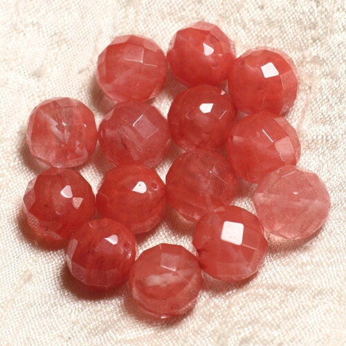 4pc - perles pierre quartz cerise boules facettées 14mm rose corail peche - 4558550003638