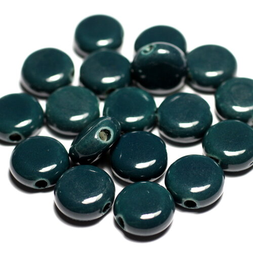 50pc - perles céramique porcelaine palets ronds plats 14mm bleu vert paon canard pétrole