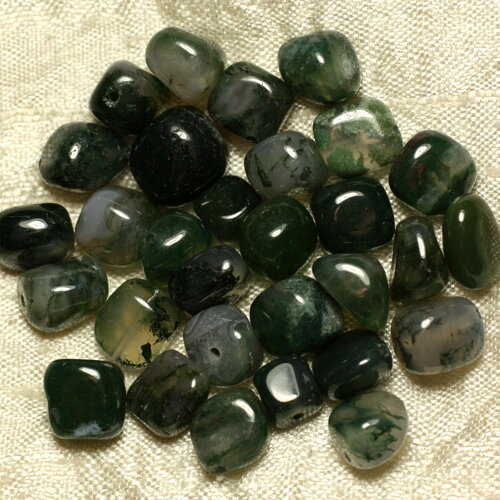 Fil 39cm 46pc environ - perles pierre agate mousse nuggets olives ovales 6-11mm vert blanc