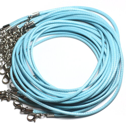 1pc - appret accessoire collier tour de cou coton ciré bleu ciel turquoise et acier 304l longueur au choix