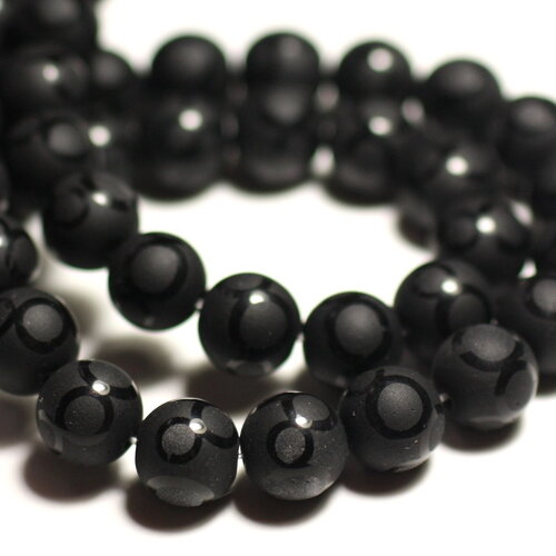 8pc - perles pierre - onyx noir mat sablé givré boules 8mm cercles brillants