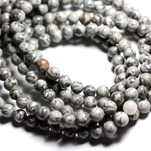 10pc - perles pierre jaspe paysage boules 8mm gris noir