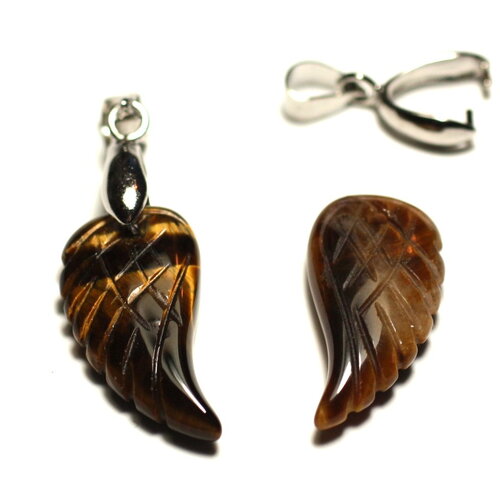1pc - pendentif perle pierre oeil de tigre aile gravée 24mm marron doré bronze noir