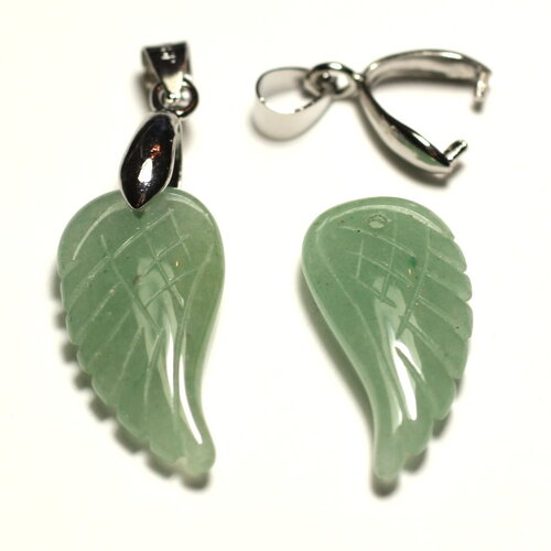 1pc - pendentif perle pierre aventurine aile gravée 24mm vert clair