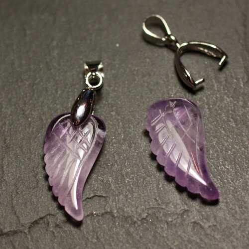 1pc - pendentif perle pierre améthyste aile gravée 24mm violet mauve