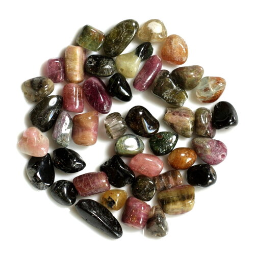 Fil 39cm 53pc environ - perles pierre tourmaline nuggets olives ovales 4-10mm multicolore noir vert rose