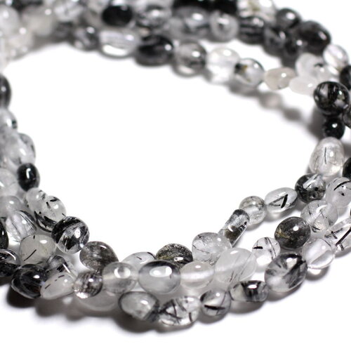 Fil 39cm 36pc environ - perles pierre quartz tourmaline nuggets olive ovales 6-14mm blanc gris noir transparent
