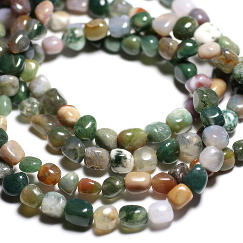 Fil 39cm 45-55pc environ - perles pierre mélange agate jaspe quartz nuggets ovales 4-10mm vert multicolore