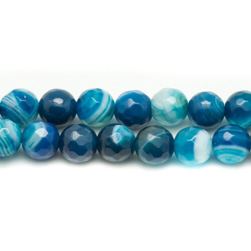 Fil 39cm 63pc environ - perles pierre agate boules facettées 6mm bleu blanc turquoise