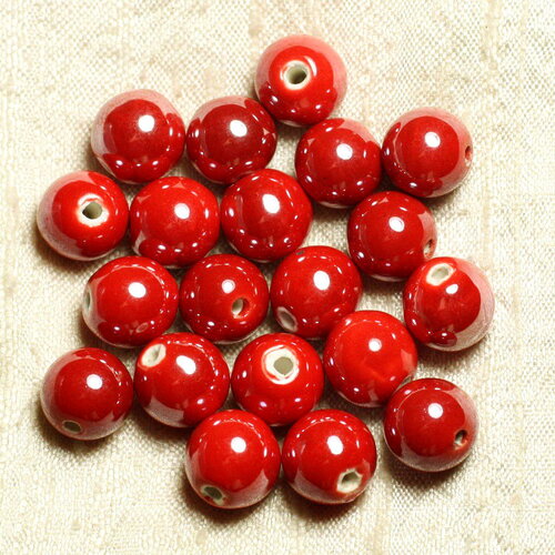 40pc - perles céramique porcelaine boules 14mm rouge irisé