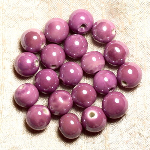 40pc - perles céramique porcelaine boules 14mm rose violet mauve