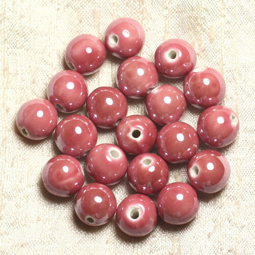 40pc - perles céramique porcelaine boules 14mm rose corail peche irisé