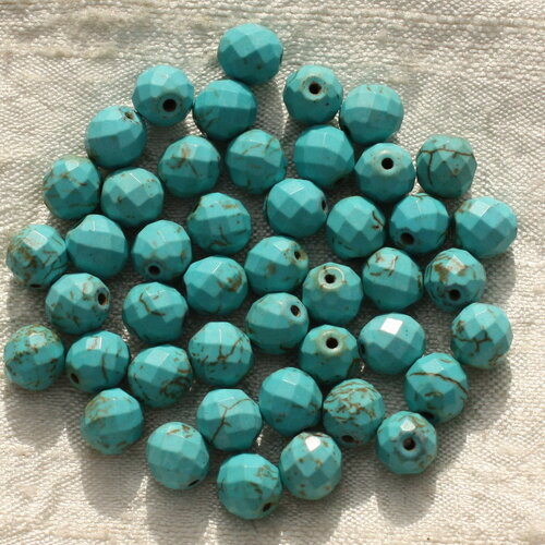 Fil 39cm 48pc environ - perles pierre turquoise synthèse boules facettées 8mm bleu turquoise