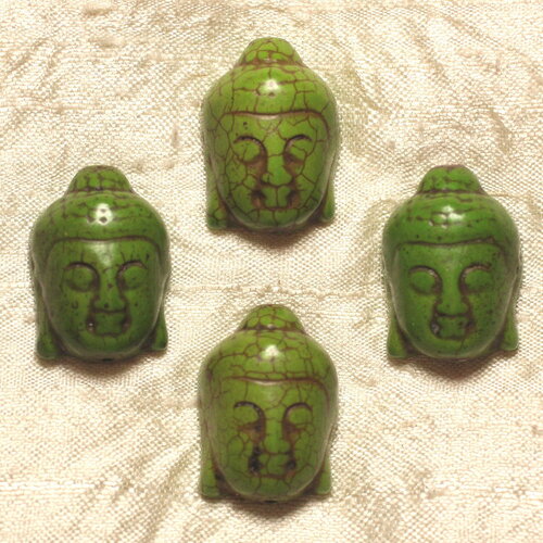 Fil 40cm 14pc environ - perles pierre turquoise synthèse tete bouddha 30mm vert pomme