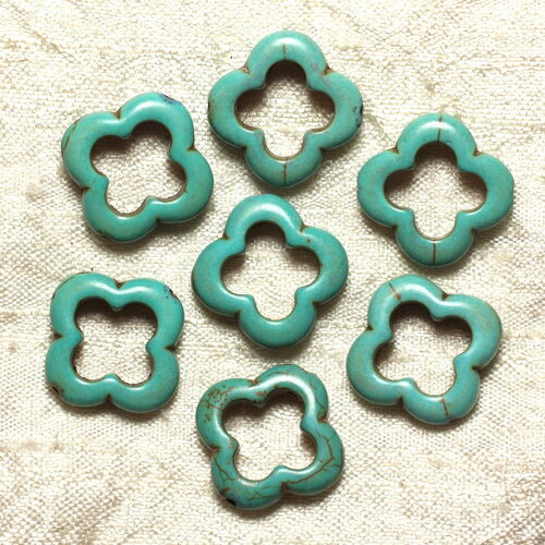 5pc - perles pierre turquoise synthese fleur trefle 4 feuilles 20mm bleu turquoise