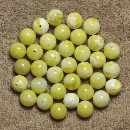 Fil 39cm 48pc environ - perles pierre jade naturel boules 8mm blanc jaune citron
