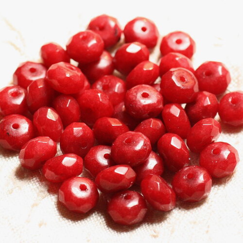 Fil 39cm 75pc environ - perles pierre jade rondelles facettées 8x5mm rouge cerise foncé