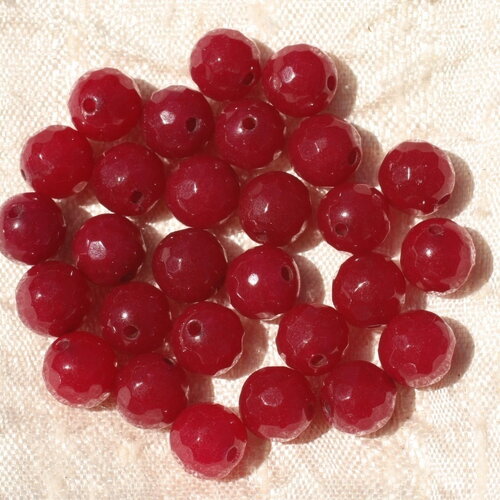 Fil 39cm 46pc environ - perles pierre jade boules facettées 8mm rouge rose
