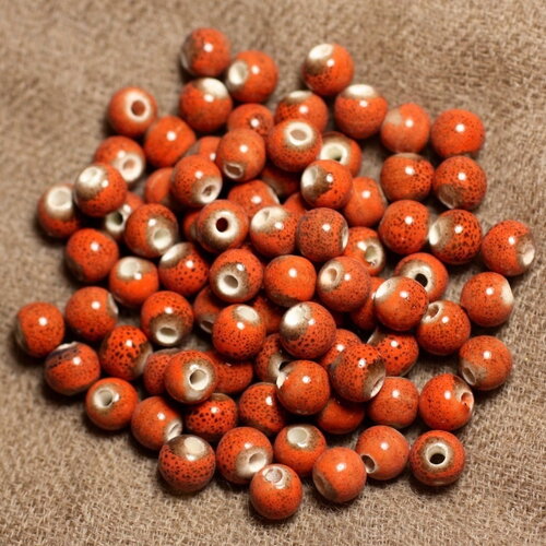 10pc - perles céramique porcelaine boules 6mm rouge orange marron