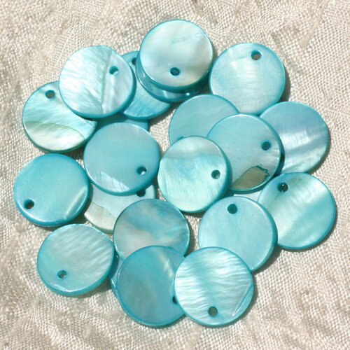 10pc - perles breloques pendentifs nacre ronds 15mm bleu turquoise