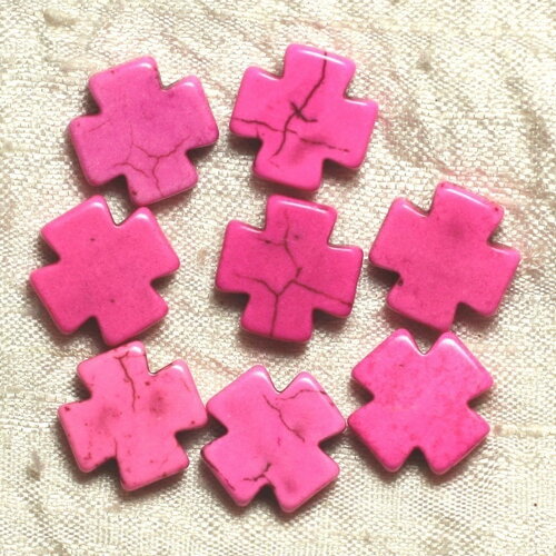 10pc - perles pierre turquoise synthèse croix 15mm rose fluo - 4558550034809