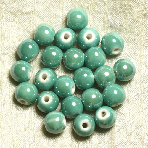 4pc - perles céramique porcelaine boules 14mm vert turquoise irisé brillant