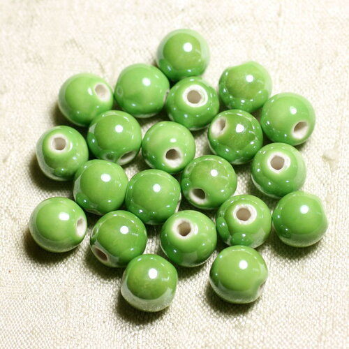 4pc - perles céramique porcelaine boules 14mm vert pomme irisé brillant