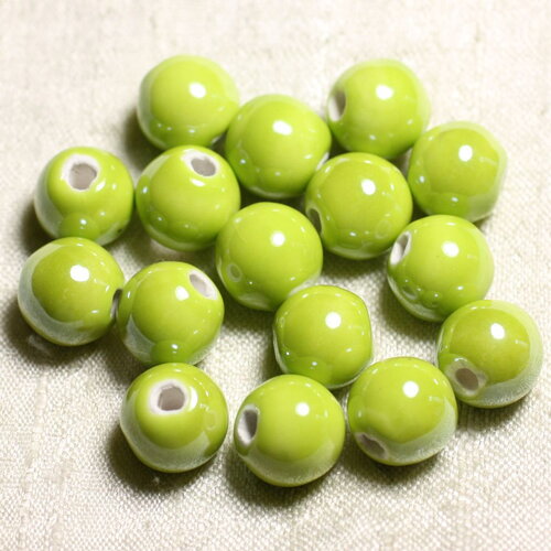 40pc - perles céramique porcelaine boules 14mm jaune vert citron irisé brillant