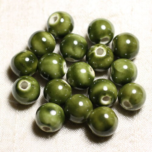 4pc - perles céramique porcelaine boules 14mm vert kaki irisé brillant