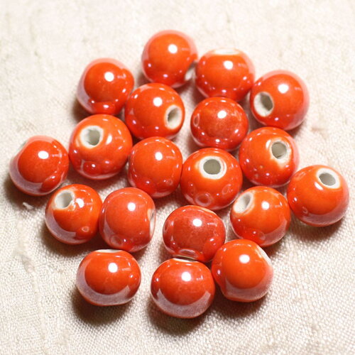 40pc - perles céramique porcelaine boules 14mm orange irisé brillant