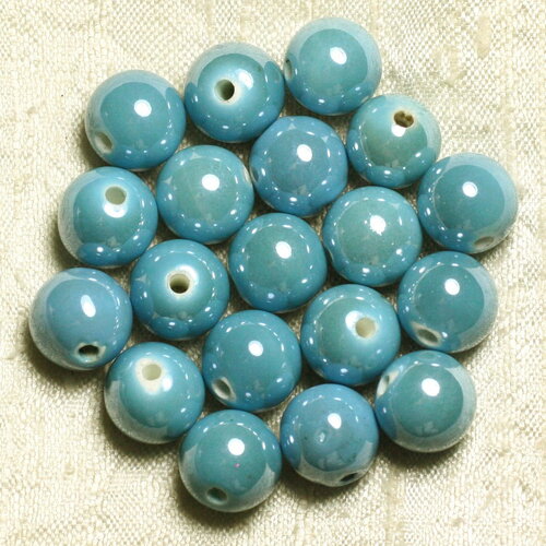 4pc - perles céramique porcelaine boules 14mm bleu turquoise irisé brillant