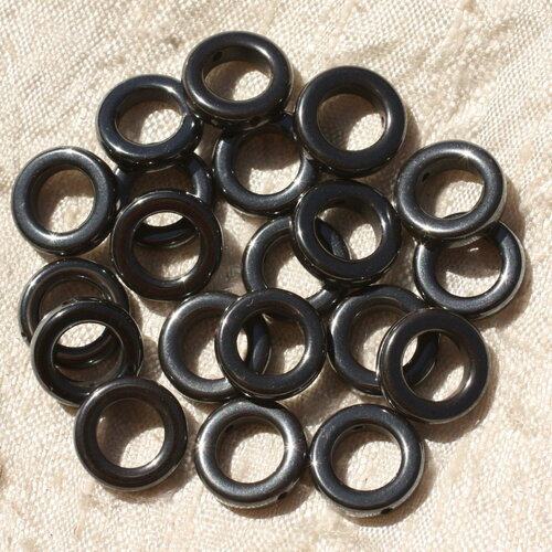 Fil 39cm 40pc environ - perles pierre hematite cercles donuts 10mm métal gris noir