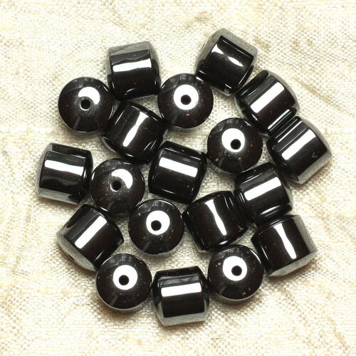 Fil 39cm 37pc environ - perles pierre hématite cylindres tonneaux 10mm métal gris noir