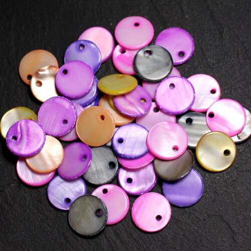 100pc - perles breloques pendentifs nacre ronds plats palets 11mm multicolore