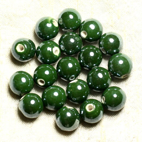 100pc - perles porcelaine ceramique boules 12mm vert olive sapin kaki irisé