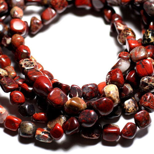 Fil 39cm 43pc environ - perles pierre jaspe poppy breschia nuggets rectangles cubes 7-10mm rouge marron gris noir