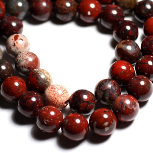 Fil 36cm 58pc environ - perles pierre jaspe bréchique brescia poppy boules 6mm rouge marron