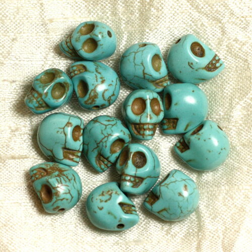 Fil 39cm 31pc environ - perles pierre turquoise synthèse crane tete de mort 14mm bleu turquoise