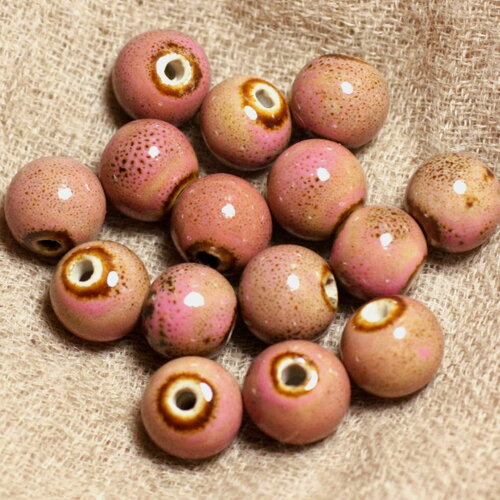10pc - perles porcelaine céramique boules 9mm rose clair bonbon tacheté marron